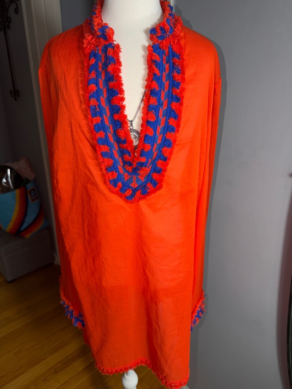 Tory Burch Orange Tunic with Blue Crochet Trim - Picture 2 of 11